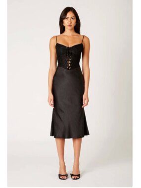 NIA Frank Dress - Black Lace Corset Midi Satin Cami Small $118